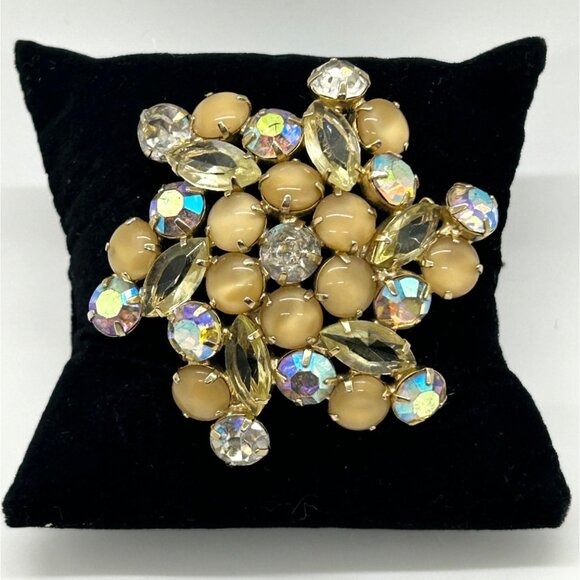 Vintage Goldtone Rhinestone & Glass Cabochon Brooch Pin Statement 2.75 Inches - Picture 3 of 10